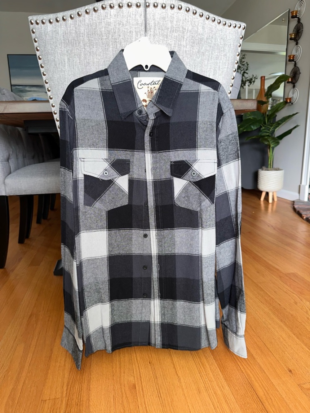 Men's Black & Gray Plaid Button-Up 100% Cotton Vintage Flannel Shirt